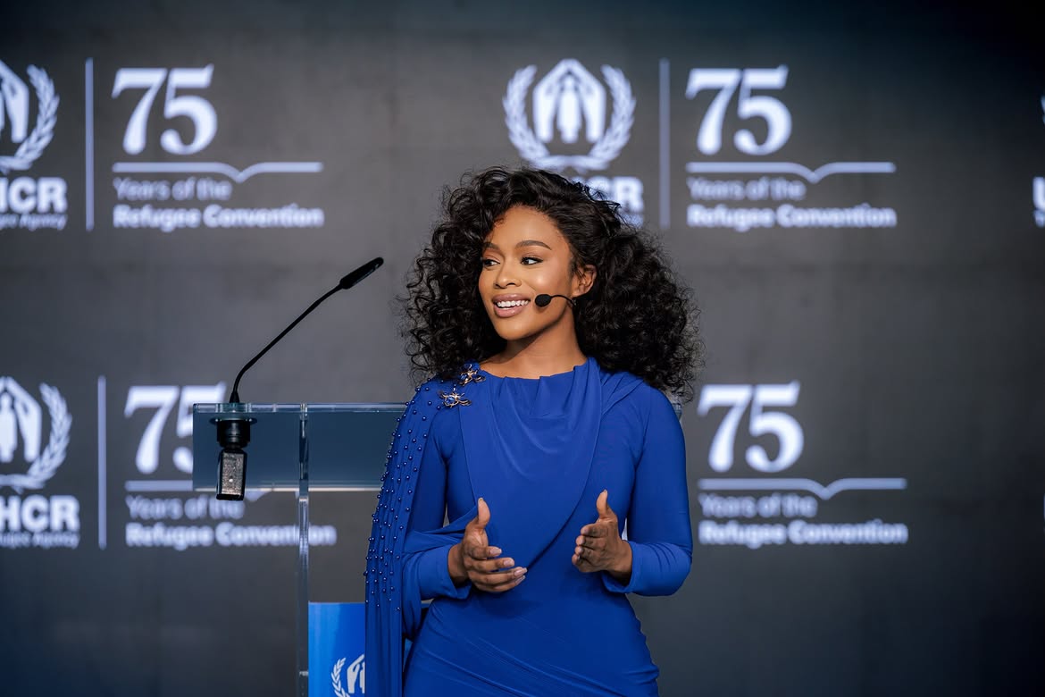 Nomzamo Mbatha Shines On Stage Hosting the Refugee Convention 75th Anniversary Event