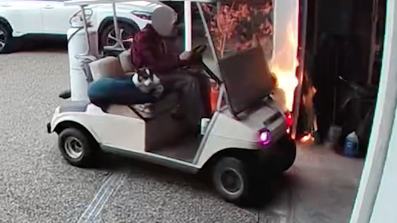 Man arrested after torching stranger’s garage and fleeing on golf cart with dog