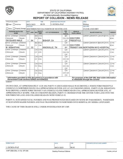 CHP Report of Collision Fatal Crash on HWY 6