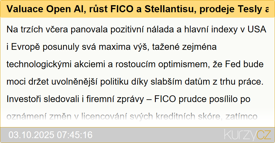 Valuace Open AI, růst FICO a Stellantisu, prodeje Tesly a BYD - Ranní komentář (video)