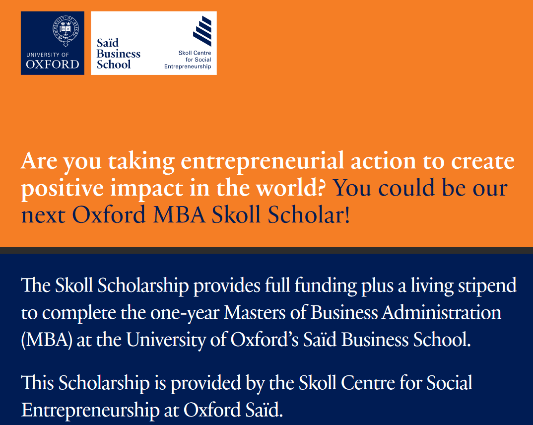 2026/2027 Skoll MBA Scholarship in Social Entrepreneurship at the University of oxford’s Saïd Business School (Fully Funded)