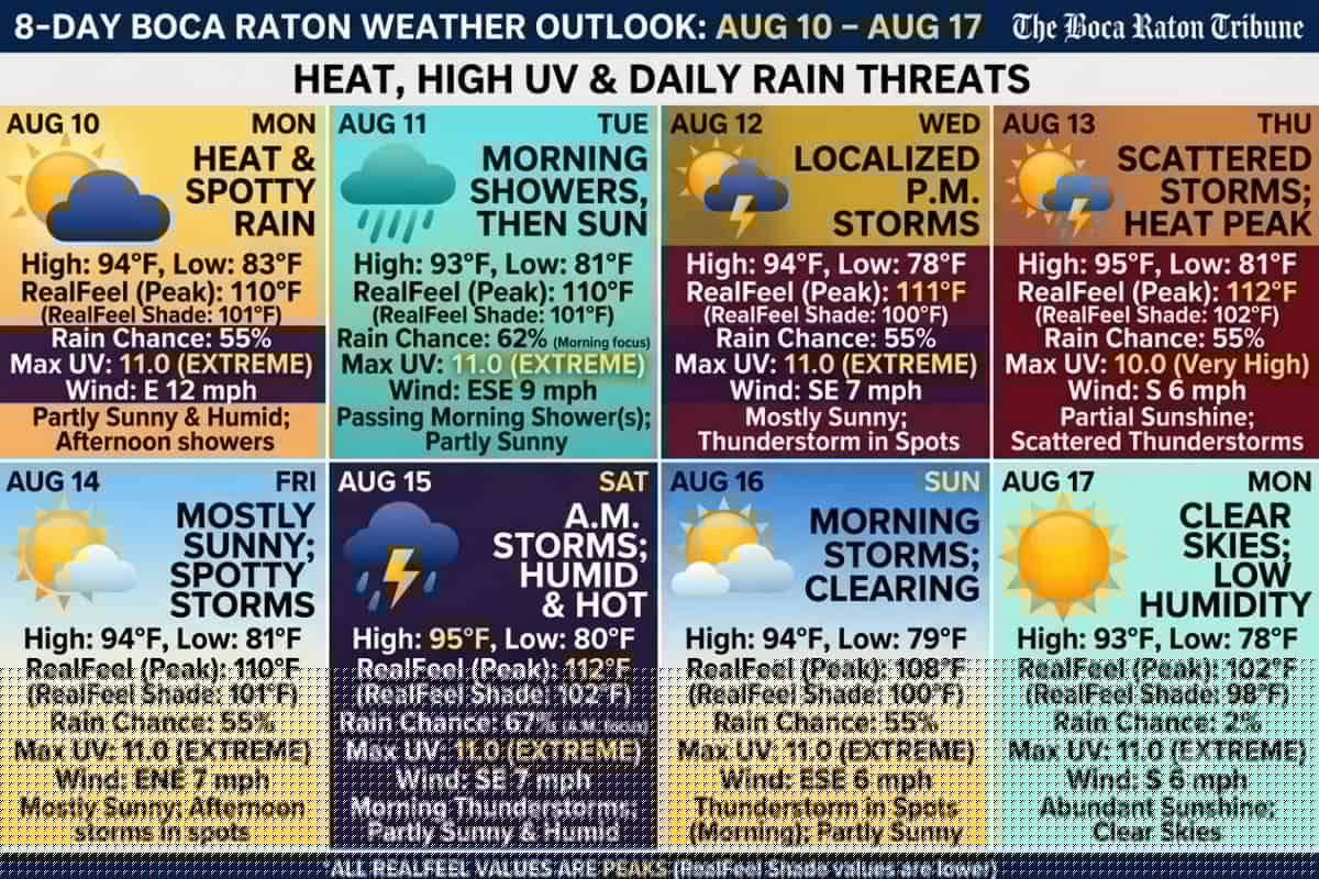 Boca Raton Weather Forecast: Aug. 10 to Aug. 17 Brings Intense Heat, High UV Exposure, and Daily Rain Threats