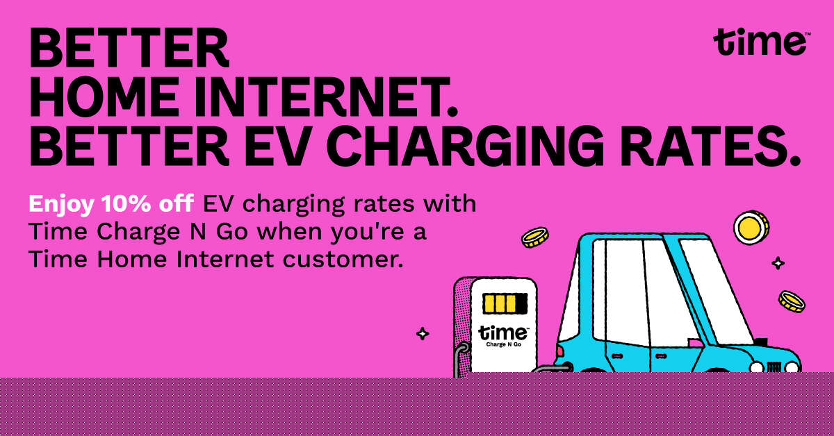 Get Time Internet and enjoy 10% off Time Charge N Go EV charging: save on home Internet and EV charging!