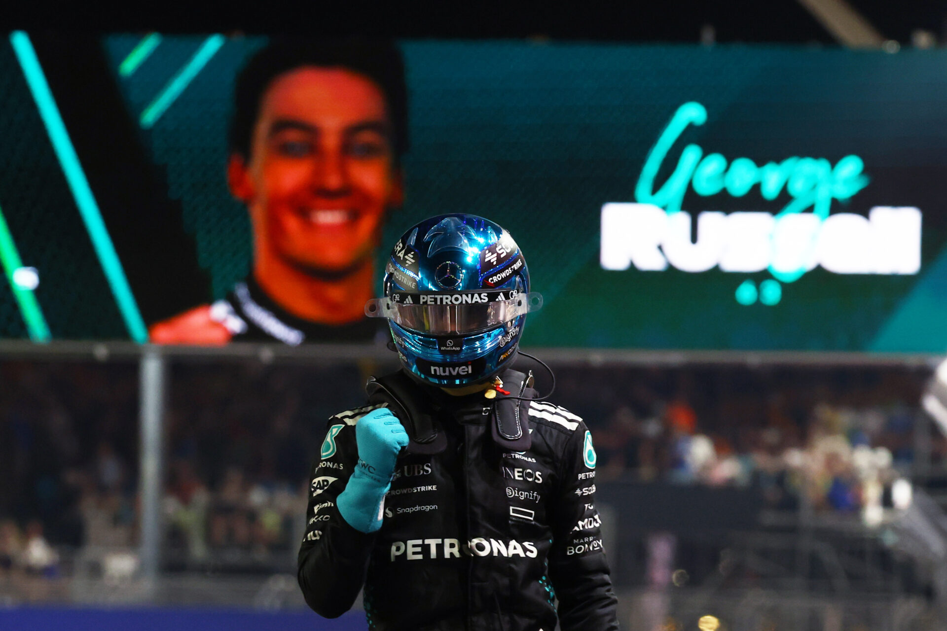 George Russell takes Singapore Grand Prix pole ahead of Max Verstappen with record-breaking lap