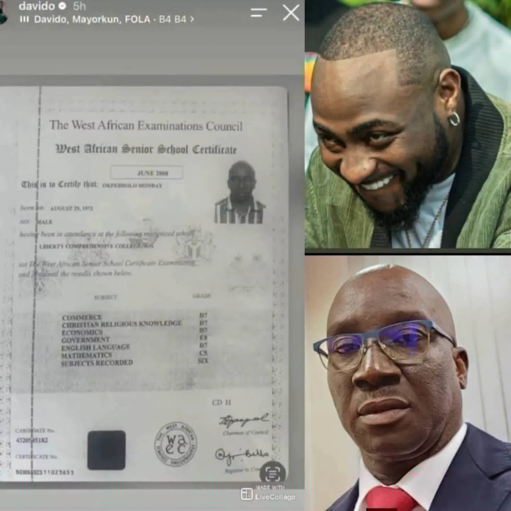 Social Media Feud: Davido Posts Edo Governor’s Alleged WAEC Result Following Attacks on Uncle