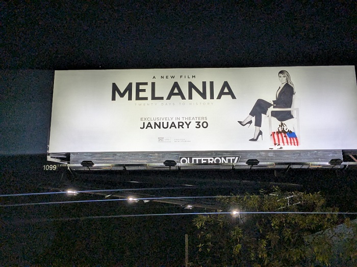 Activist group Indecline claims responsibility for an altered billboard promoting the “Melania” documentary in Culver City.