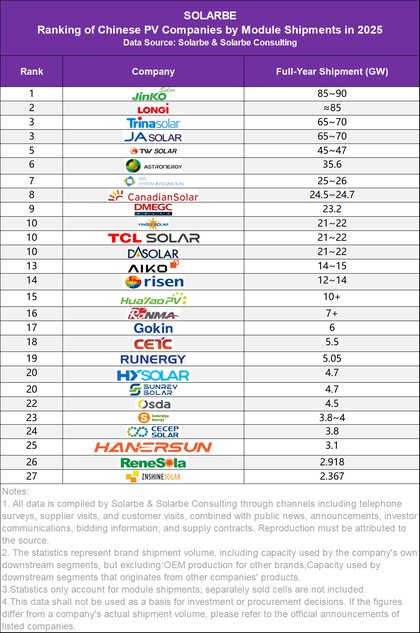 Top PV Module Suppliers in 2025 by Shipment (Including Domestic and Overseas Breakdown Lists)