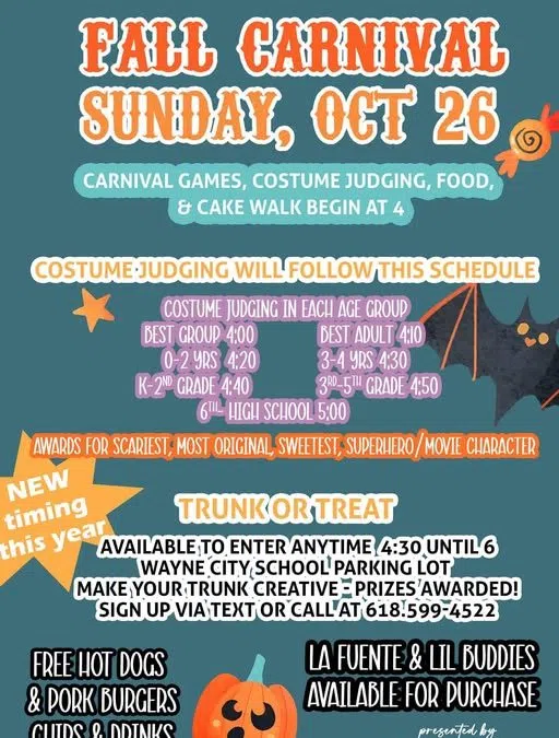 FALL CARNIVAL IN WAYNE CITY SET FOR SUNDAY, OCTOBER 26TH WITH COSTUME JUDGING, GAMES, AND TRUNK OR TREAT